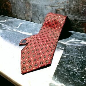 Vintage Arsité Silk Tie Red Black Cream Geometric Diamond Design Handmade 60"